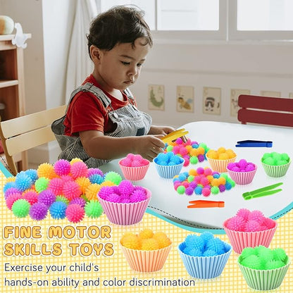 91 Pcs Fine Motor Skill Toys Include 75 Spiky Hedge Balls, 2 Scissors Clips, 4 Plastic Tweezers, 10 Assorted Colors Sorting Silicone Cups for Early Education Counting Skill Training