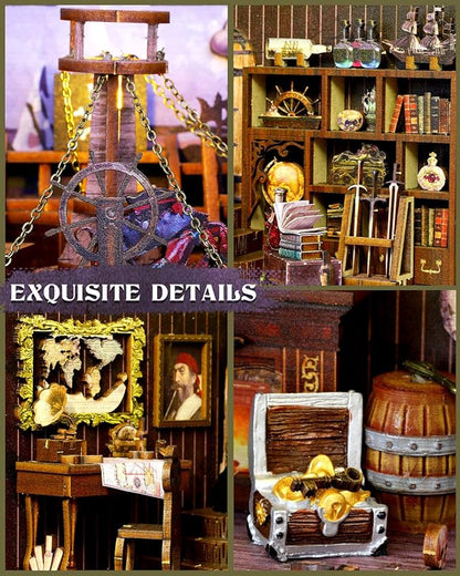 Book Nook Kit Pirate Ship Aden, DIY Miniature Book Nook Kits for Adults, 3D Wooden Puzzle Bookshelf Insert Decor with Sensor LED Lights, for Men Teens Family