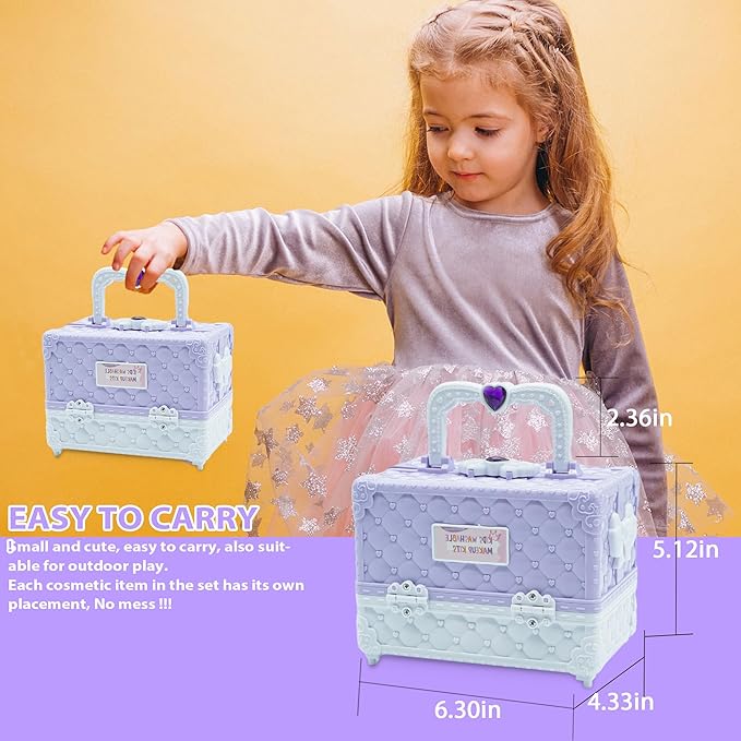 Kids Makeup Sets for Girls - 52 PCS Safe and Washable Makeup for Kids, Real Toddler Makeup Kit with Cosmetic Case, Girls Toys Age 4-12, Princess Toys Birthday Gift(Light Purple)