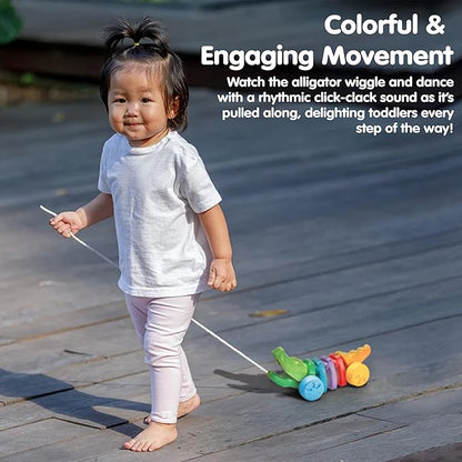PlanToys® Rainbow Dancing Alligator Pull Toy for Toddlers | Eco-Friendly Wooden Toy with Click-Clack Sound | Walking Toy for Babies