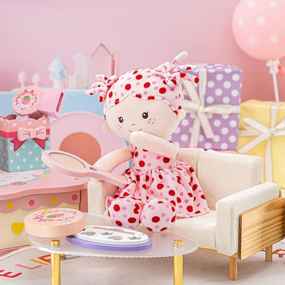 Onetoo First Baby Doll Soft Baby Doll for Girls Plush Rag Doll Sleeping Cuddle Buddy Doll Wear Pink Dress Red Polka Dot 14"