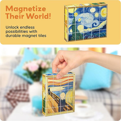 PicassoTiles 20pcs 1” Magnetic Puzzle Building Cubes Blocks for Kids, Van Gogh, Mona Lisa Hand Puzzle, STEM Magnet Toy Mix&Match Educational Popular Art Kids Toys 3+ Year Old boy Girl PMC20