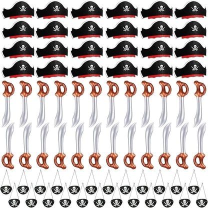 Legigo 72 Pcs Pirate Party Set- Include 24 Pirate Hats, 24 Eye Patches, 24 Inflatable Swords Pirate Accessory for Caribbean Fancy Dress Cosplay Themed Party Stage Prop