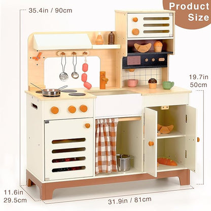 PairPear Wooden Play Kitchen for Kids, XL Large Toy Kitchen Playset with Coffee Maker, Fridge & Large Storage System, Pretend Toy Food Cooking Set Play Kitchen Accessory for Kids Ages 3+