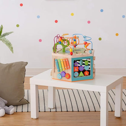 Teamson Kids Preschool Play Lab 7-in-1 Large Wooden Activity Cube Station Center Bead Maze and Counting for Kids Baby Toys, Natural