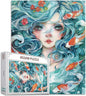 Tucocoo Watercolor Girl Jigsaw Puzzles for Adults 1000 Pieces, Koi Fish Blue Ocean Abstract Art Jigsaw Puzzle Colorful DIY Handwork Puzzles for Home Decoration, Family Puzzle Perfect for Game Nights