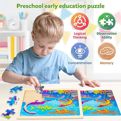 SYNARRY Large Wooden Dinosaur Puzzles for Toddlers 3-5, Wood Dino Puzzles for Kids Ages 4-6, Dinosaur Toys for Kids 3-5, Preschool Educational Children Learning Gifts for 3 4 5 Year Old Boys Girls