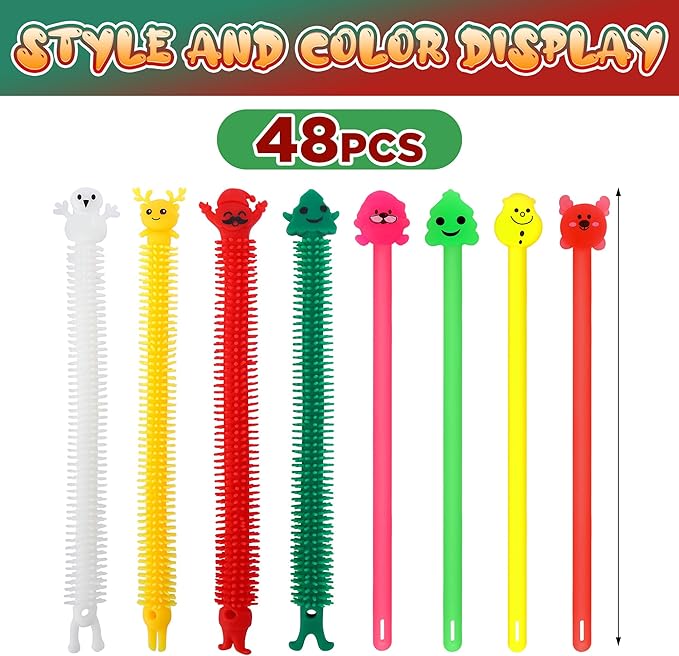 48 Pcs Christmas Stretchy Strings Fidget Toys, Colorful Stretchy Fidgets Sensory Toys, Stress Relief Stretch Sensory Bracelet String with Xmas Tree Santa Claus Snowman Elk for Party Favors (Mixed)