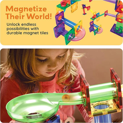 PicassoTiles 108pc 3-in-1 Marble Run Car Race Track Combo Magnetic Tiles PicassoToys Magnet Building Block Educational Construction Toy Playset STEM STEAM Learning Kit Child Brain Development PTG108