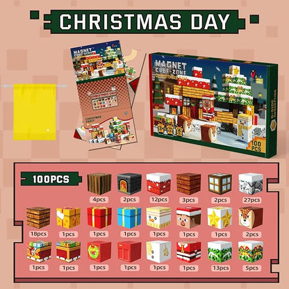 Christmas Magnetic Blocks 100 Pieces for Kids, Magnetic Tiles 3D Sensory Construction Building Santa Claus Reindeer, Magnet Cubes Stacking Toys Games for Toddlers Boys Girls Ages 3+
