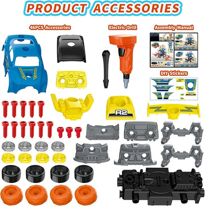 3-in-1 Construction Car for Boys Ages 3+ Years Old, Take Apart Car with Electric Drill, 46 Pcs Cars Building Kit, Build Your Own Toy Cars with Tools, Ideal STEM Present for Kids Children(Blue)