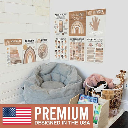 Hadley Designs 9 Calming Corner Posters For Classroom Must Haves For Teachers - 11x14 Calm Down Corner Supplies, Feelings Chart For Kids Ages 4-8, Feelings Wheel Poster, Boho Classroom Decor