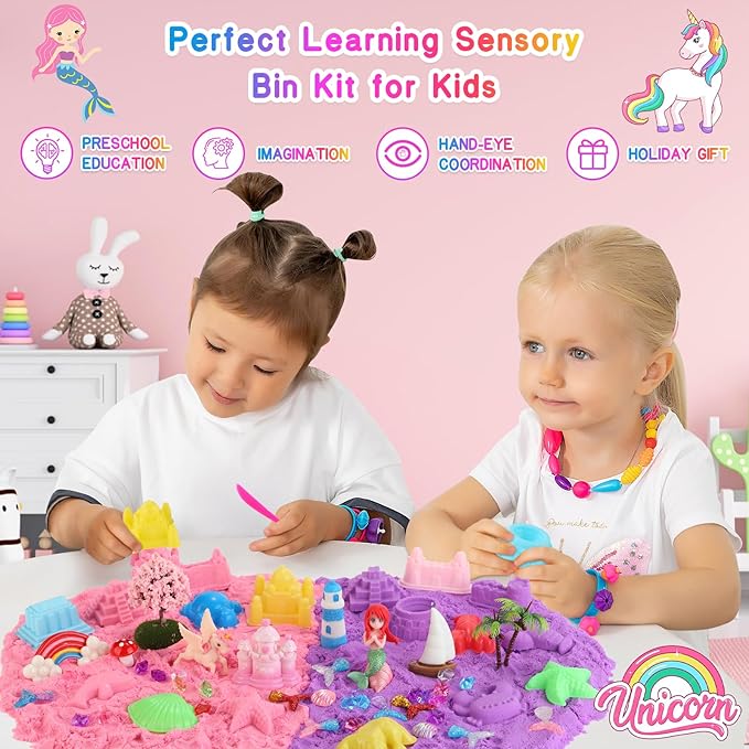 Lokuc Unicorn Sensory Bin for Girl, Unicorn and Mermaid Sensory Sand Kit Toy, 60Pcs Sandbox with 2.2 lbs Magic Sand Sensory Bins, Christmas Birthday Gift for Toddler Kid Age 3 4 5 6 7 8