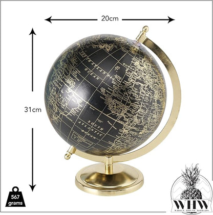 Explorers Globe, Incised Details, Black With Gold Accents, Mapped with Locations, Longitude and Latitude, Resin, Crescent Stand Mounted, Circular Gallery Base, 12.25 Inches Tall