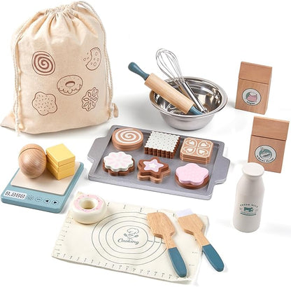 Wooden Play Food Sets for Kids, Pretend Play Kitchen Accessories with Shopping Bag, Cutting Toys, Gift for Boys and Girls Ages 3-6
