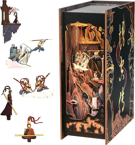 Fsolis Book Nook Kit, DIY Miniature House Kit 3D Wooden Puzzle Craft Kit for Adults Bookshelf Nook Decor Decorative Bookend Gifts for Book Lovers- The Legend of Wukong (No Glue Required)
