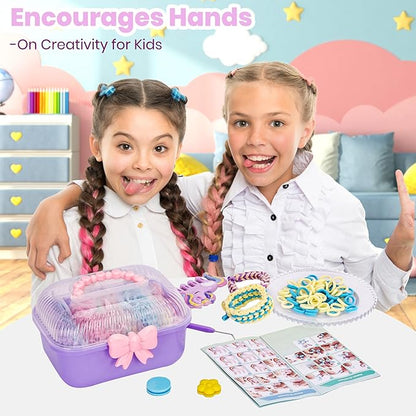 Bracelet Making Kit for Girls Ages 8-12, Weaving Rainbow Bands kit,DIY Toys for Friendship Birthday Gifts for Kids 6 7 9 10 11 13 Year Old, 1200+ Elastic Cloth Rubber Band Fabric Loops