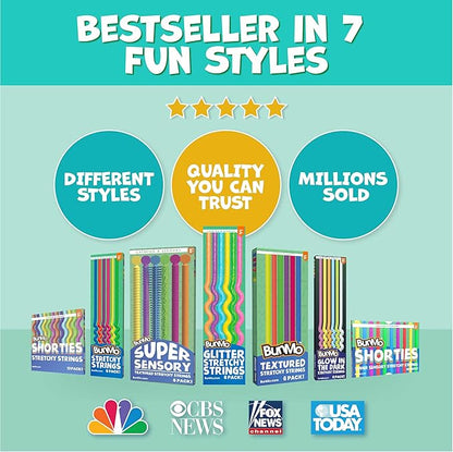 BUNMO Sensory Toys Stretchy Strings for Toddlers 3+ - Stimulating & Addictive Fidget Toys for Kids - Hours of Fun for Kids - Non-Mouthable Toy 3+ - Glitter 6 Pack