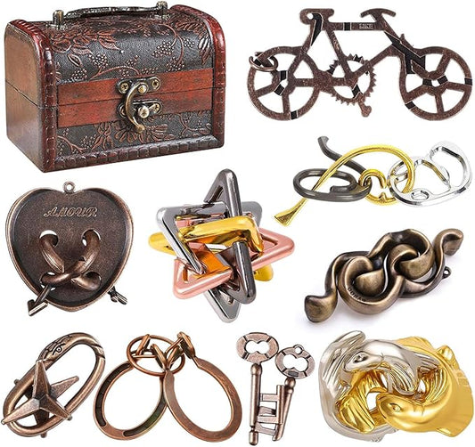 9 PCS Puzzles Metal Brain Teaser Puzzle Logic Metal Puzzle for Adult Lock Puzzles Gift for Adults Teenagers Kids
