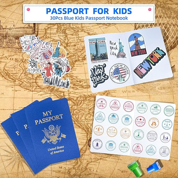 30 Pcs Blank Passport Notebook Blue Passport Book Fake Passport Travel Journal Sticker Collection Book for Kids School Projects World Travel Pretend Activity Party Favors, 5.51x3.9 Inch