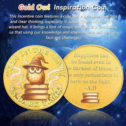 Gold Owl Inspiration Coin - Turn On The Light in Dark Times Challenge Coin - Faith and Strength Incentive Awards Medallion Pocket Token - Lucky Collectible Office Commemorative Gifts