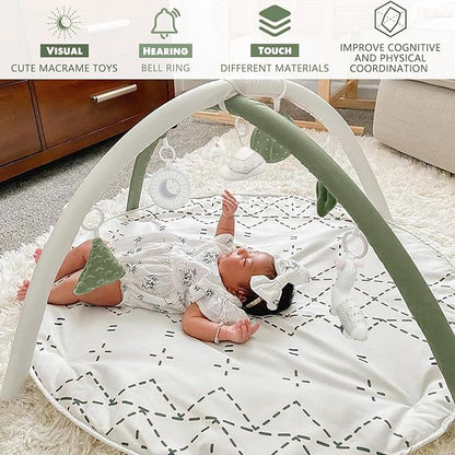 Little Dove Tummy Time Mat with 6 Toys, Macrame Baby Play Mat for Newborn, Baby Gym with 12 Milestone Cards, Stage-Based Sensory and Motor Skill Development Baby Play Gym, Non Slip Mat Washable, Green