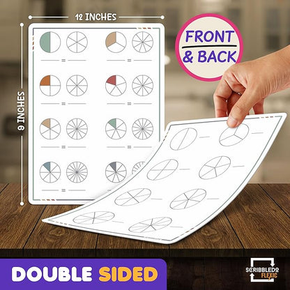 SCRIBBLEDO Fraction Manipulatives 9”x12” Small White Board Dry Erase Sheets Math Manipulatives 1st Grade Students 2nd Grade Fractions Homeschool Supplies Teacher Classroom Pack of 10 Sheets