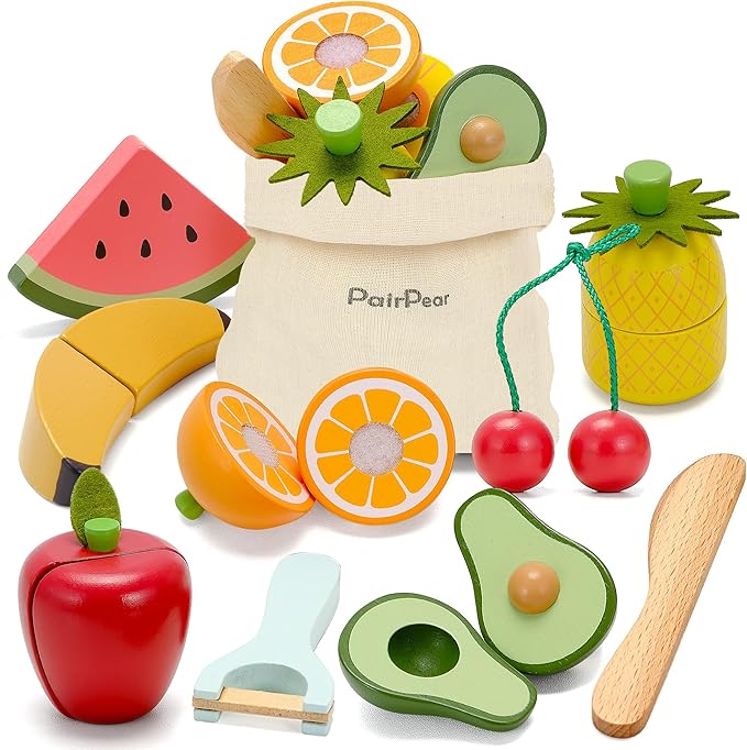 PairPear Wooden Toys Play Food Sets for Kids Kitchen, Kids Toy Food Cutting Fruit Set for Toddlers 3+ Years Old, Pretend Food Play Kitchen Accessories for Girls and Boys