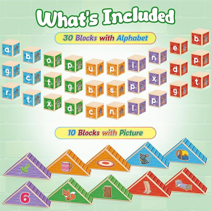 CVC Kasfalci Wooden Alphabet Letter Blocks - Toddler Phonics Games for Learning to Read & Spell, Speech Therapy Toys for Preschool Kindergarten Classroom