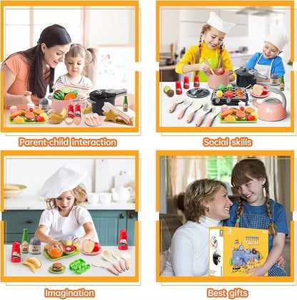 105Pcs Kids Kitchen Toy Accessories, Toddler Pretend BBQ Camping Cooking Playset, Play Pots, Pans, Utensils Cookware Toys, Play Food Set, Vegetables, Learning Gift for Girls Boys
