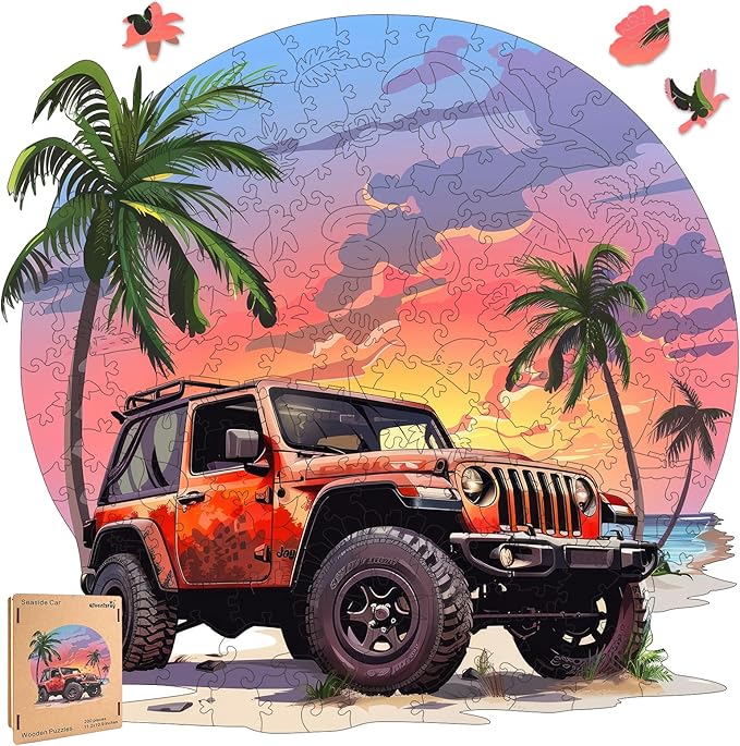 Wooden Jigsaw Puzzles-Seaside Car,500pcs,16.5x16.5in,Royal,Wooden Puzzles for Adults,Unique Shape Animal Adult Puzzles,Irregular Wood Puzzles Best Gift for Adults and Kids Family Gam