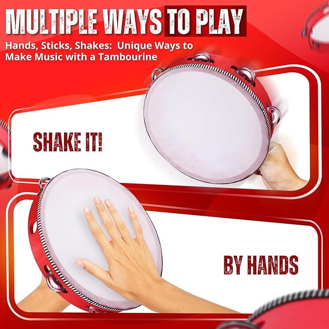 Flexzion Wood Handheld Tambourines - 8 and 6 Inch Set of 2 Pack, with Single Row Metal Jingle Bell (Red) Hand Held Tambourine Percussion Drum Moon Musical Instrument