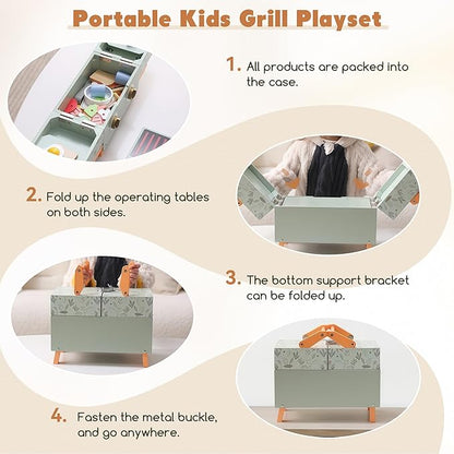 Wooden Kids Grill Playset with Play Kitchen Accessories| Pretend Play Toys for Toddlers 3-5, Cooking BBQ Play Food Toy for 3+ Year Old Boys & Girls, Birthday Gifts for Kids