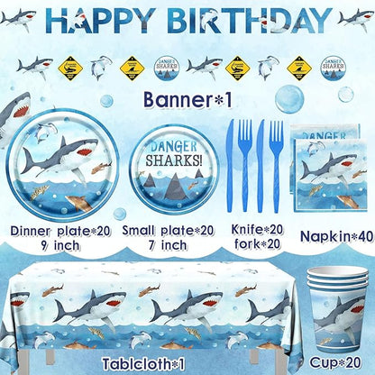 Shark Birthday Party Decorations, 142Pcs Shark Birthday Supplies Tableware Set Includes Plates and Napkins, Cups, Banner, Tablecloth for Baby Shower Ocean Shark Under The Sea Theme Party Supplies