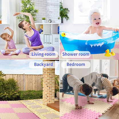 16 Tiles, 0.4 Inch Thicked Interlocking Floor Mats with Solid Colors, Squares Baby Play Mat, EVA Foam Puzzle Floor Mat Foam Mats for Kids, Baby, Toddlers (Beige/Pink)