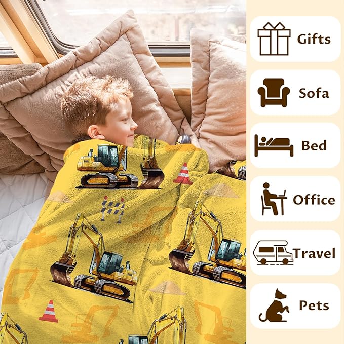 Boys Blanket Excavator Throw for Kids Adults, 50x60 Inches Soft Cozy All Season Cute Digger Throw for Sofa Couch Bed