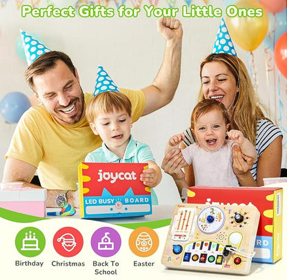 JoyCat Busy Board with Led Light, Toddler Toys for 1 2 3 4 Year Old Boys and Girls, Wooden Sensory Toys with Music, Travel Toy for Toddlers 1-3, Birthday Presents (Yellow)