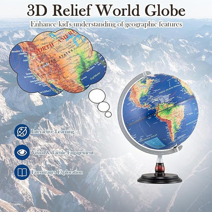 12" Illuminated World Globe, Desktop Globe with Raised Relief, LED Lights, Time Zone & Non-Slip Wooden Base, Geographic Terrain Globes for Decoration & Living Room (Navy)