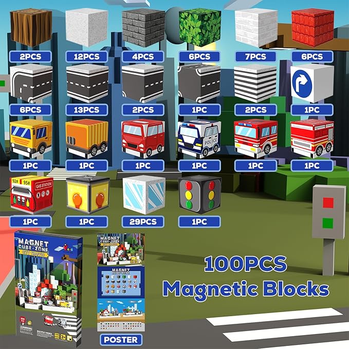 3D Magnetic Blocks 100 Pieces for Kids Magnet Cubes, Sensory Construction Building Toys for Toddlers, Magnetic Tiles City Road Cars Stacking Toys Games for Ages 3-12