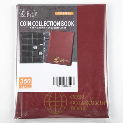 350 Pockets Coin Albums - 35x30 mm/1.3x1.1 inch Pocket Red Coin Book 10 Pages Coin Collection Holder Letter Size Coin Storage Book CS0235RE