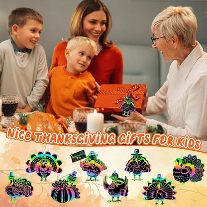 AUGSUN 96Pcs Thanksgiving Fall Crafts, Magic Rainbow Scratch Paper Art Cute Turkey Crafts Activity Gifts Autumn Harvest Thanksgiving Party Favors