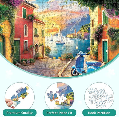 500 Piece Puzzles for Adult, Coastal Village Sunset Harbor Scene Jigsaw Puzzles for Adults Kids Senior, Colorful Buildings Adult Puzzle, Challenging Family Fun Activity Game Gift Decor 20.5 X 15 in