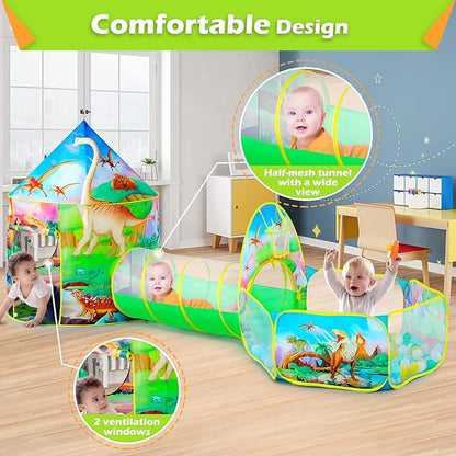 3PC Dinosaur Tent for Girls with Kids Ball Pit, Kids Play Tents and Crawl Tunnel for Toddlers, Pink Pop Up Playhouse Toys for Baby Indoor& Outdoor Tent Games, Birthday Kid’s Gifts