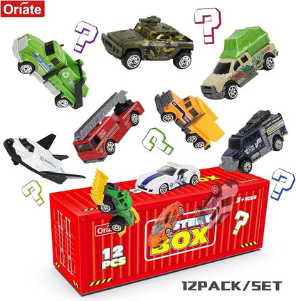 Oriate Diecast Toy Cars Set for 3 4 5 6 7 8 Year Old Boys, 12 Pack Mini Metal Cars 1/64, 12 Theme in one Set Blind Box Edition- Include Farm, Space Ship, Truck for Children Birthday Party Decor Gifts