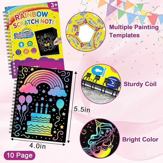HXDOGSP Scratch Art for Kids: 28 Pack Rainbow Scratch Paper Party Favors - Art Crafts Notebook Suitable for Birthday Gifts/School Crafts Kit/Classroom Prizes for Girls and Boys Aged 4-12