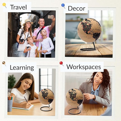 Medium Cork Globe 9.4" Tall | World Travel Map with Metallic, Colored & National Flags Push Pins | 3D World Map Pin Board for Home or Office | Unique Gift for Travelers, Couples & Families | Push Pin Map