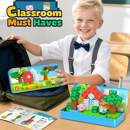 Magnetic Blocks Kids Travel Toys with Portable Metal Tin – Montessori Building Blocks STEM Magnet Magnetic Tiles Toddler Kids Toys for 3+ Year Old Boys & Girls, Classroom Must Haves Creative Gift