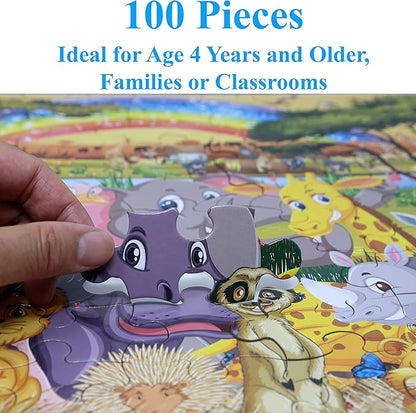 Think2Master Zoo Animals of The Savanna Jungle Safari 100 Pieces Jigsaw Puzzle. Fun Educational Toy for Kids, School & Families. Great Gift for Boys & Girls Ages 5-8 4-6 6-8 8-10 23.4” X 16.5”