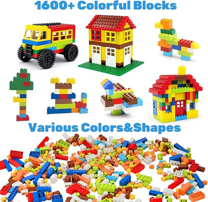 1600 PCS Building Bricks Set, Classic Bulk Building Blocks Compatible with All Major Brands, Includes 3 Baseplates, 53 Wheels Doors Windows Accessories, Creative STEM Construction Toy Gift for Kids