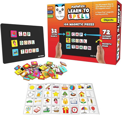 Magnetic Preschool learning Toys for Toddlers Aged 3 4 5 6 Years Old Learn to Spell Objects|104 Magnet Pieces-32 Picture & 72 Letters with Magnet Board & Spelling Game Guide|Educational Toy for Kids